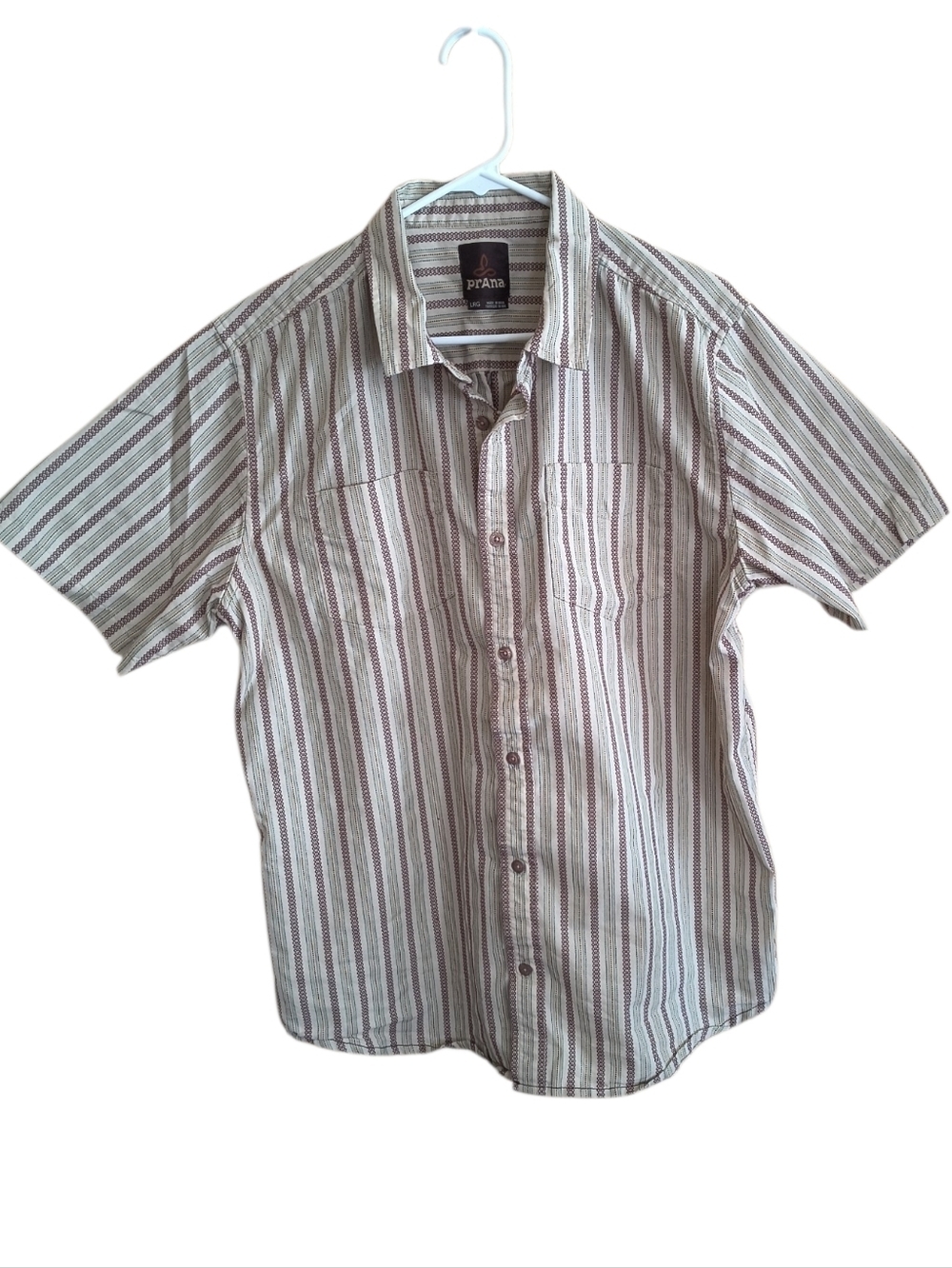 Prana Men’s Short Sleeve Striped Button-Down Shirt in Beige and Brown Size L
